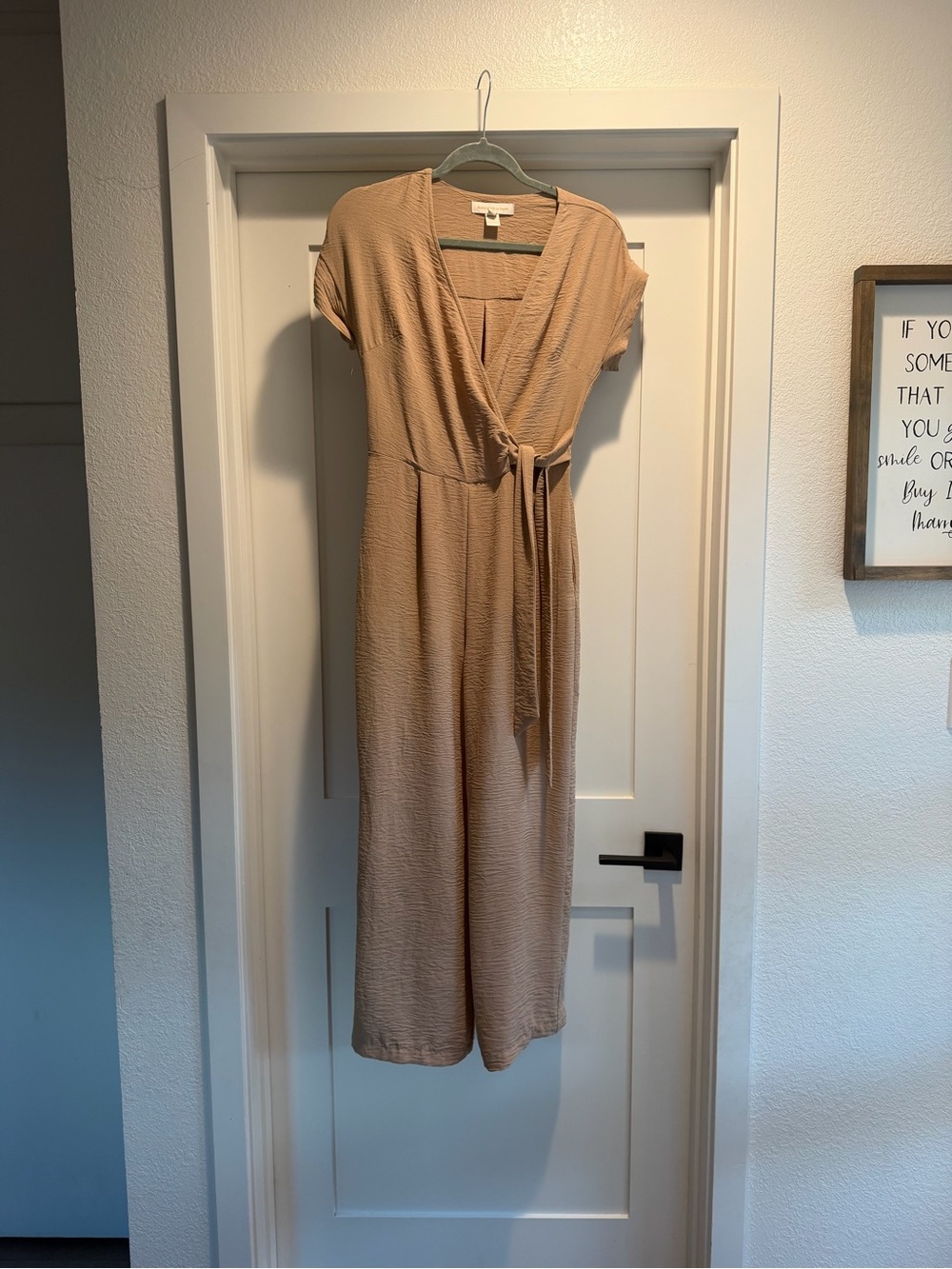 Monteau Los Angeles Textured Short-Sleeve Wrap Jumpsuit Tan/Beige | Size M